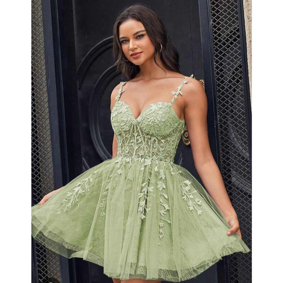 Sage Green Coquette Forest Fairy Lace Tulle Sheer Embellished Corset Dress 18 - Picture 15 of 15